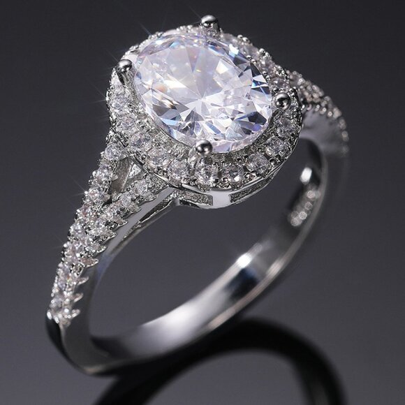 Beautiful Oval Crystal Zircon Silver Classic Wedding Ring for Women, L109 - Picture 1 of 6